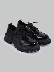 DareSee 黑色厚底英伦风女式乐福鞋，百搭JK校服鞋，圆头系带厚底玛丽珍鞋，适合学生、假期、夏季圣诞礼物