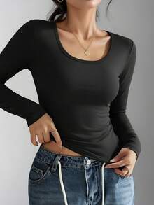 1pc Autumn Fitted Black Crew Neck Elastic Knit Pullover - Women's Basic Undershirt, Suitable For Casual Outfits, Leisure Fashion, Everyday Wear, Autumn Women's Clothing - Black - View 11