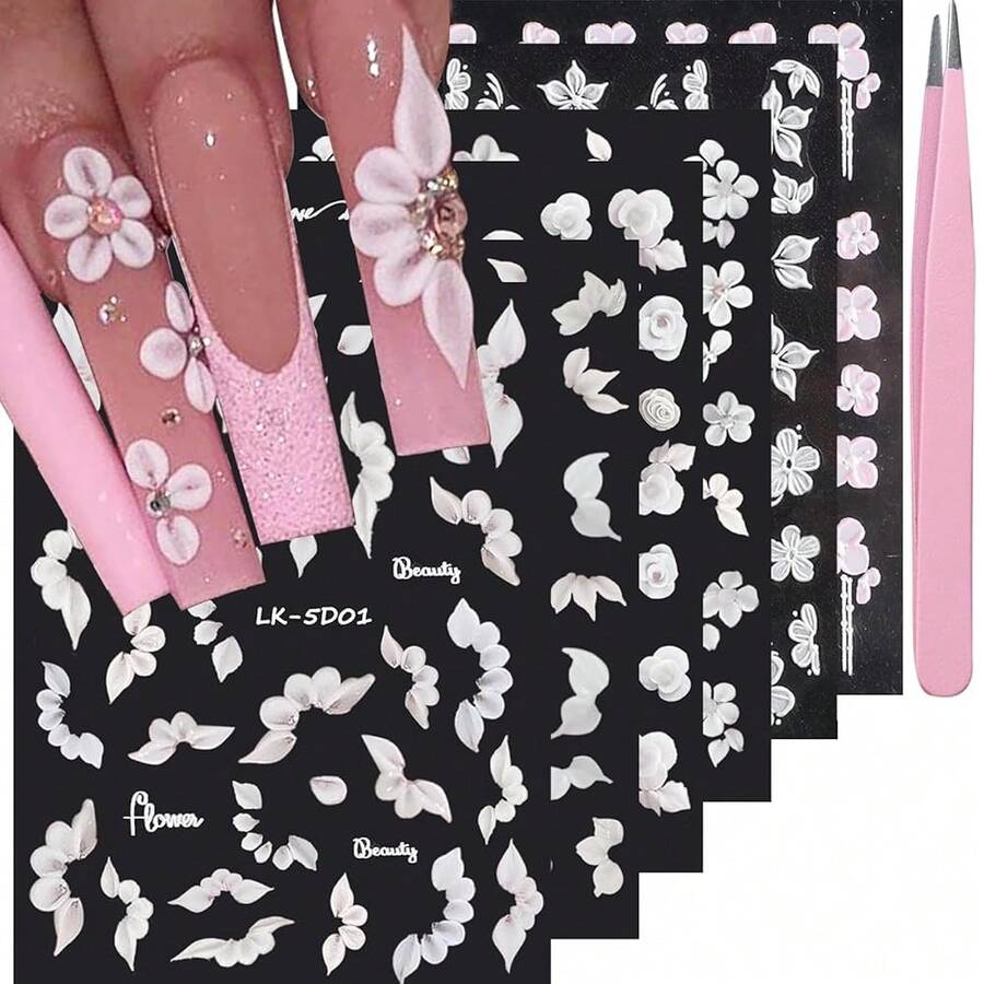 6 Sheets Flower Nail Stickers For Nail Art 5D Embossed Engraved Nails Decals 3D Spring Summer Supplies Accessories Self-Adhesive Nails DIY Design Decoration For Women And FFgirls{Inchcolor_nameinch:InchColorful-13inch} - 彩色-13 - 查看 1