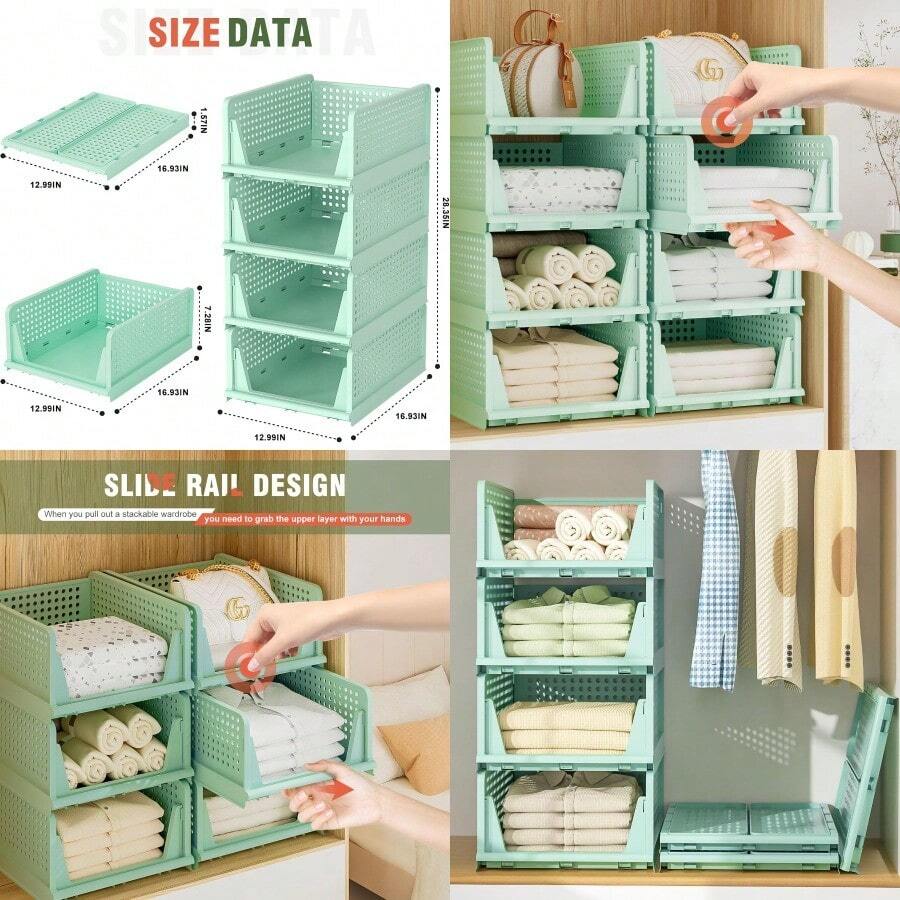 Neprock 4 Pack Stackable Storage Bins Closet Organizers Plastic Storage Drawers Stackable Drawers Wardrobe Closet Organizers And Storage For Clothes Bedroom Kitchen Office Bathroom 4L Green - Green - View 1
