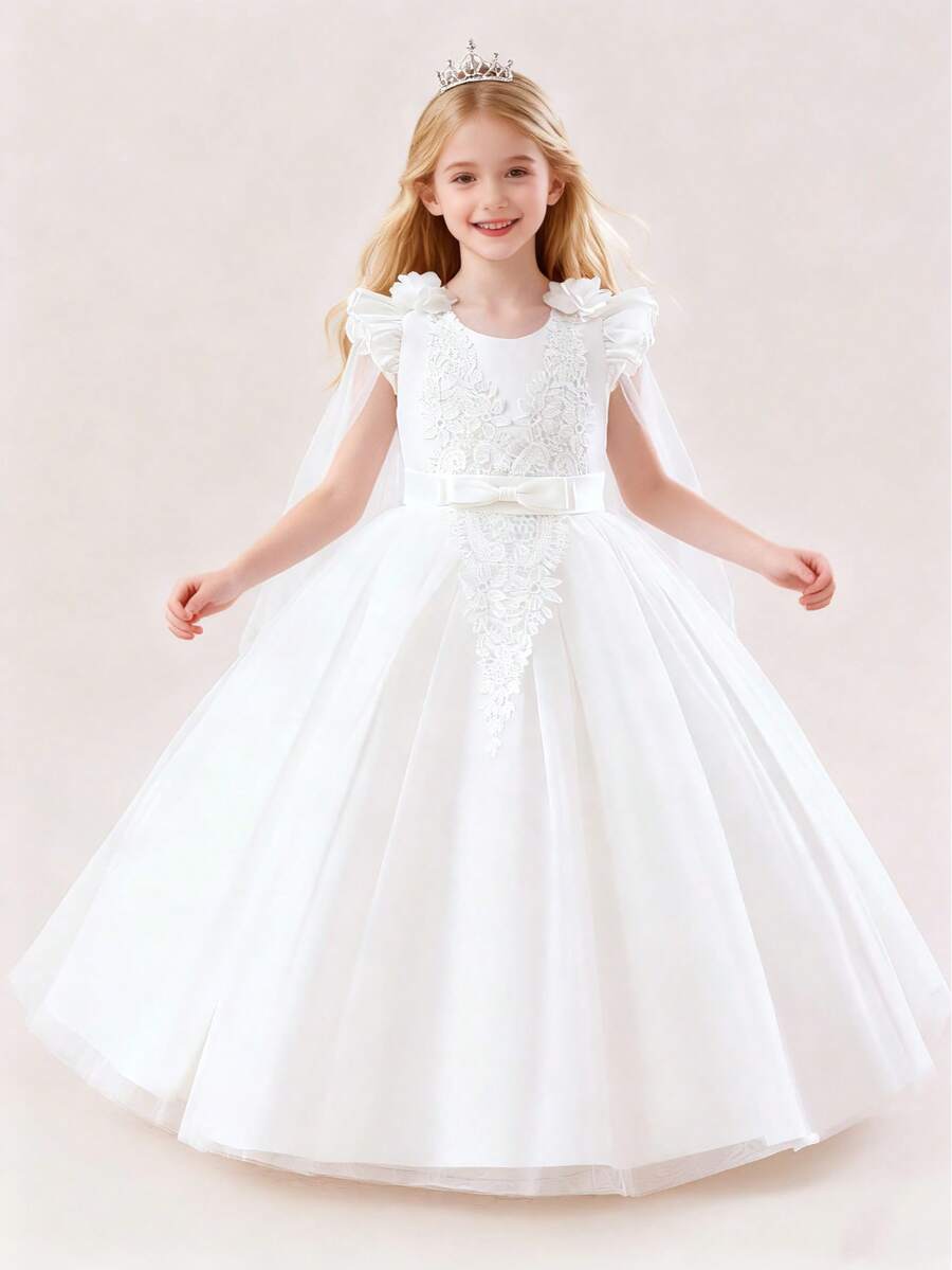 女童花童婚礼公主裙，白色花朵贴花短袖休闲连衣裙，蝴蝶结薄纱泡泡裙，蕾丝拼接正式礼服，适合特殊场合、儿童生日派对、表演、公主派对、长款晚礼服