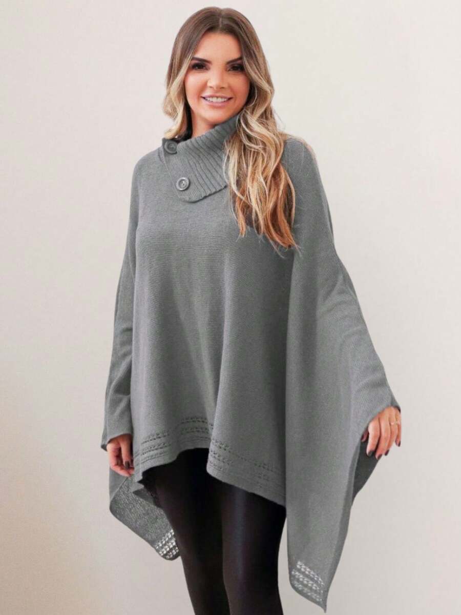GIP Women's Poncho Knit Mousse Plain High Neck With Button Winter Wool Coat - 灰色 - 查看 1