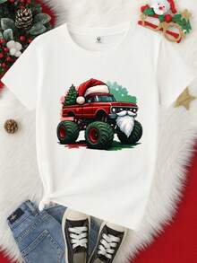 Camiseta para niños de 3 a 12 años de 100% algodón manga corta y cuello redondo, suave y comoda con diseño de Santa Monster Ride: Aventuras Navideñas en 4 Ruedas - Blanco - Ver 2