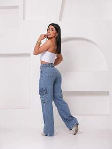 Wide Leg Cargo Jeans - Dusty Blue - View 6