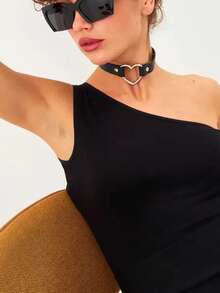 Leather Choker Necklace, Gothic Style Round Ring Collar, Dress Party Accessory Leather Choker Necklace Women Heart-Shaped Leather Choker Necklace - Black - View 6