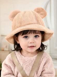 1 pieza Sombrero de cubo de peluche con orejas grandes para bebé, sombrero de cubo unisex sólido, cálido y a prueba de viento, versátil y lindo, para otoño/invierno