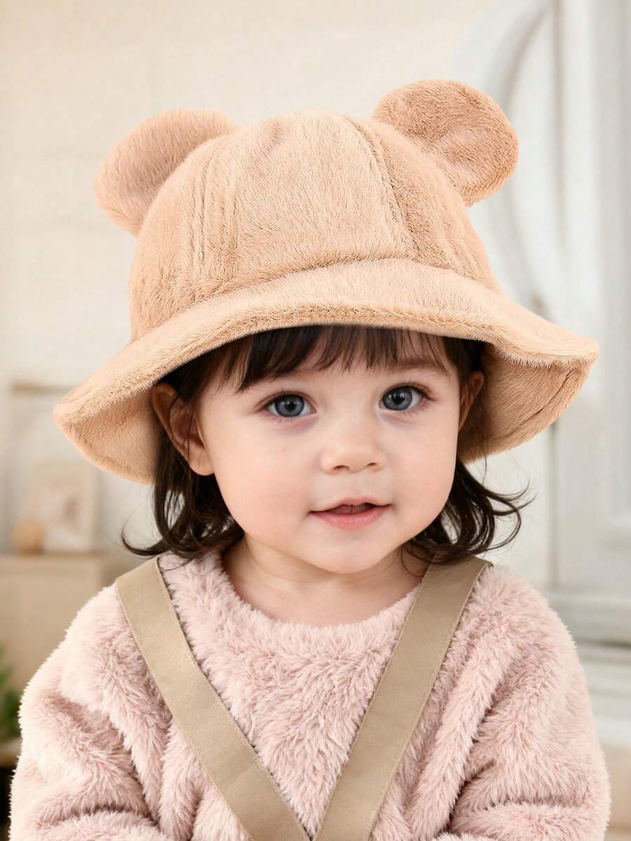 1 pieza Sombrero de cubo de peluche con orejas grandes para bebé, sombrero de cubo unisex sólido, cálido y a prueba de viento, versátil y lindo, para otoño/invierno