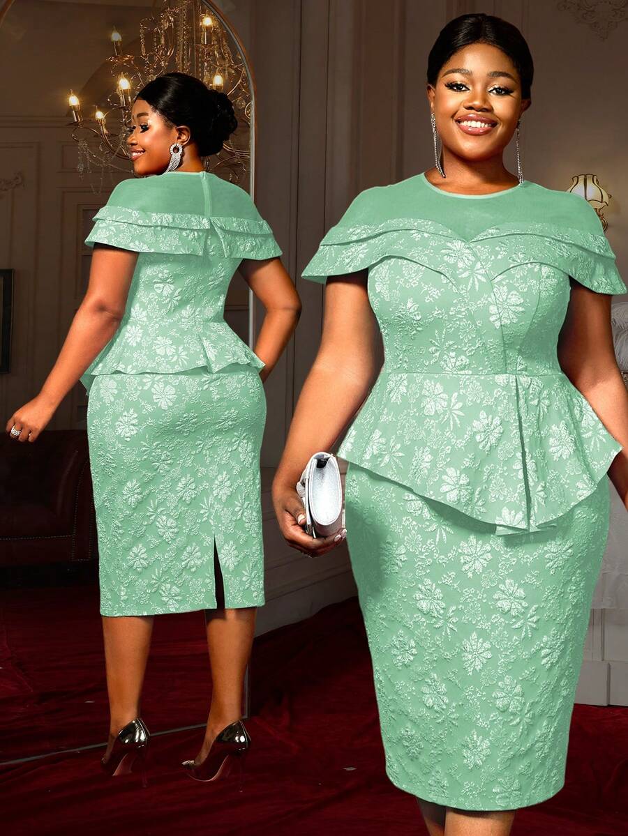 Đầm dạ hội ôm sát thanh lịch, chất liệu jacquard, phối lưới, peplum, che bụng, cỡ lớn, thích hợp cho Giáng sinh, đám cưới, mùa xuân. - màu xanh lá - Xem 1