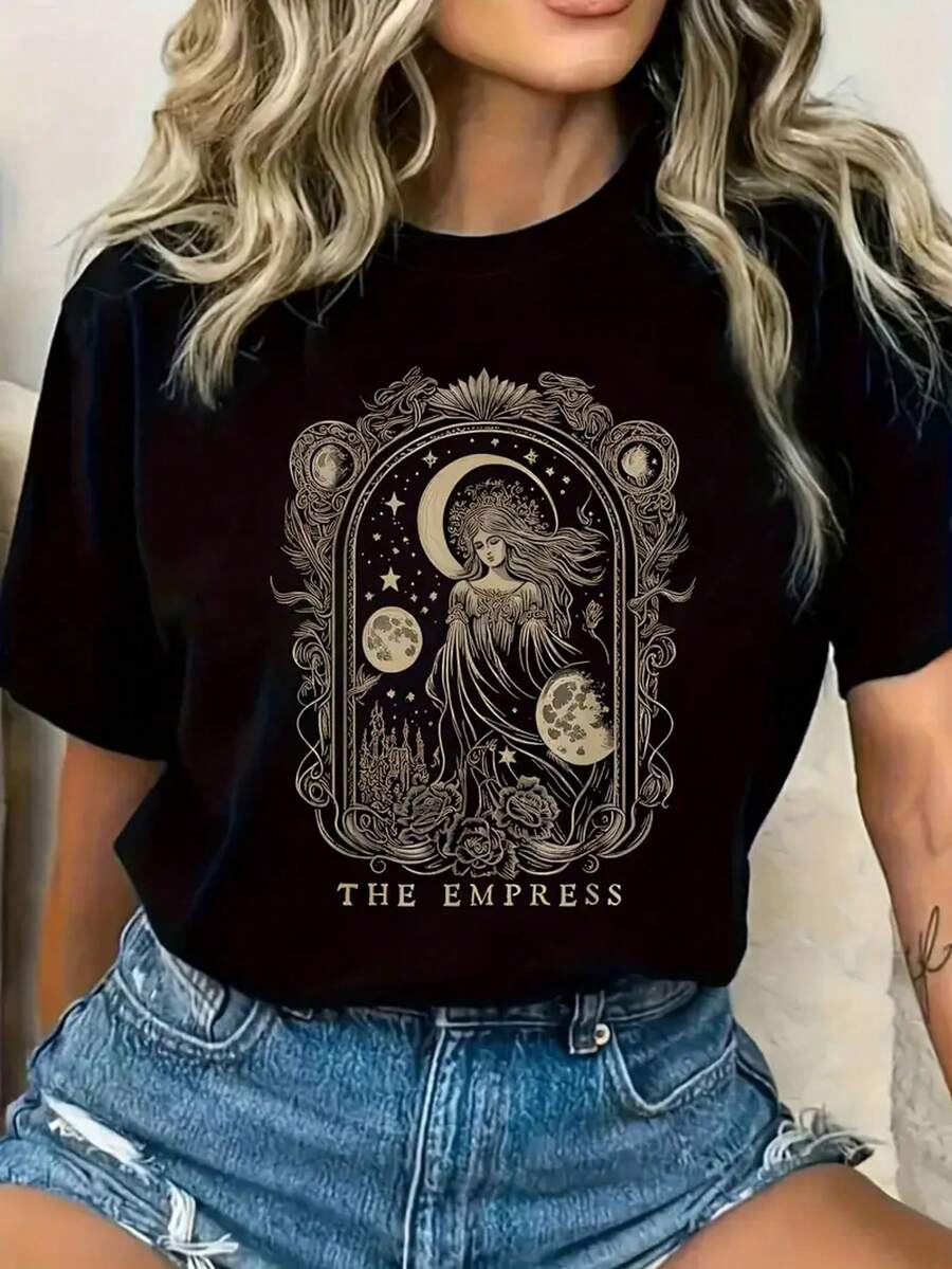 100% Cotton Stylish Black And Golden Women's Vintage "The Empress" Tarot Card Print Tee | All-Season Wear, Tarot Card Reading | Mystical Aesthetic | Quality Graphic Print - 黑色 - 查看 1