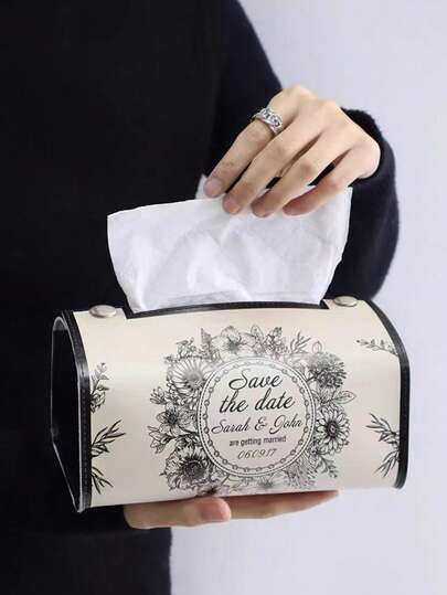 1 pieza Caja de pañuelos con forma de silla de montar retro, soporte de papel de seda decorativo floral vintage en blanco y negro, material de cuero de alta gama, diseño exclusivo