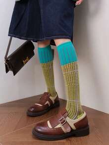 1 Pair Retro American Preppy Style Knee,High Socks, Colorblock Houndstooth & Plaid Pattern, Suitable For Early Autumn, Cozy Socks - Multicolor - View 1
