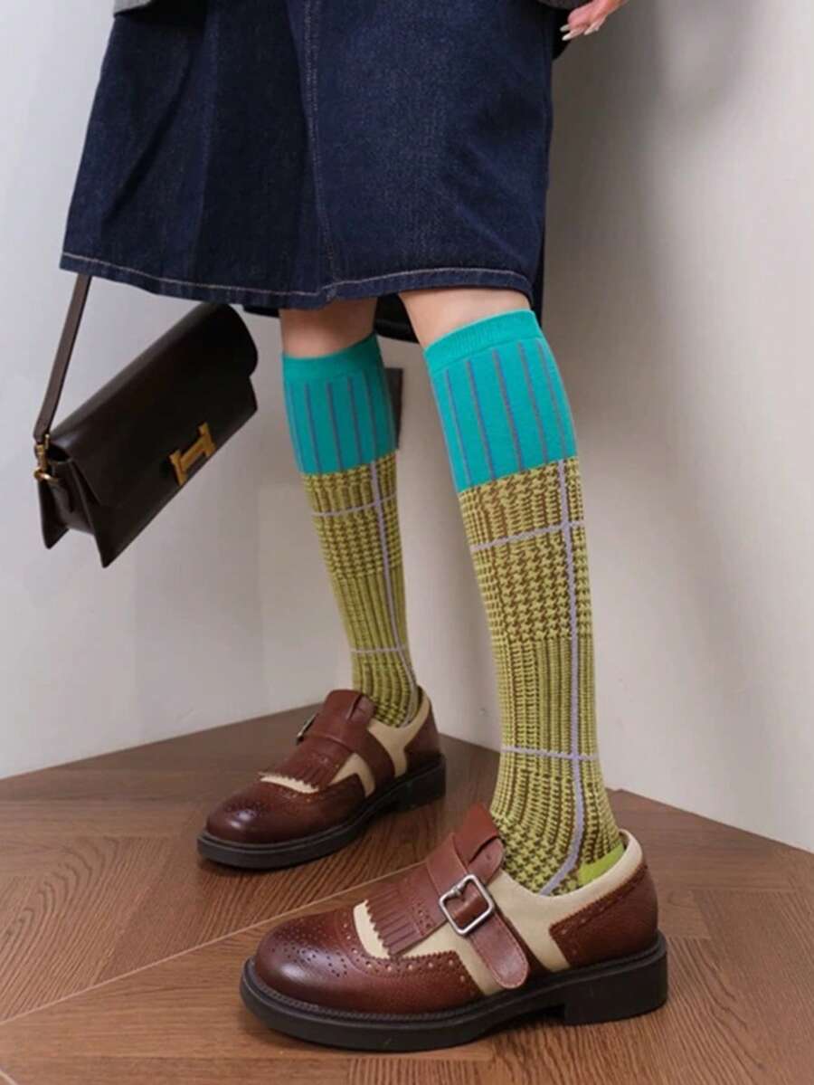 1 Pair Retro American Preppy Style Knee,High Socks, Colorblock Houndstooth & Plaid Pattern, Suitable For Early Autumn, Cozy Socks - Multicolor - View 1