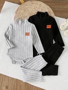 4pcs Baby Boy Autumn/Winter High Collar Rib Knit Set, Gray & Black Bodysuit + Pants, Warm & Soft Skin-Friendly - Infant Bodysuit For Indoor & Outdoor Wear - Multicolor - View 10