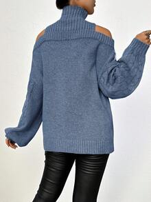 Plus Size Open Shoulder High Collar Cable Knit Sweater Casual Spring - Blue - View 2