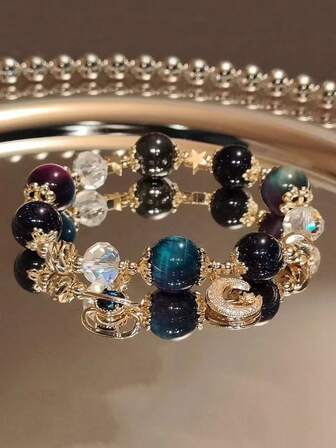 1pc Starry Night Black Obsidian & Black Crystal Beaded Bracelet, Gift For Girlfriend/Best Friend