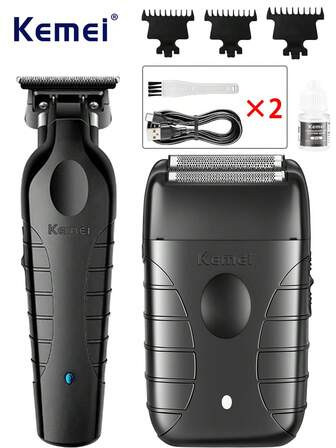 Kemei 男士理发器套装（2件套） - USB充电式理容工具套装 KM-2299 专业无线理发器、男士胡须修剪器和剃须刀，适用于家庭和专业理发店使用