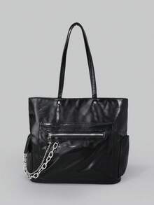 DareSee 1个大容量托特包，学院风亮面PU皮革单肩托特包，带拉链装饰，时尚女士手提包，适合上学、大学必备，街头风和日系风格，适合女性作为礼物或参加音乐节 - 黑色 - 查看 1