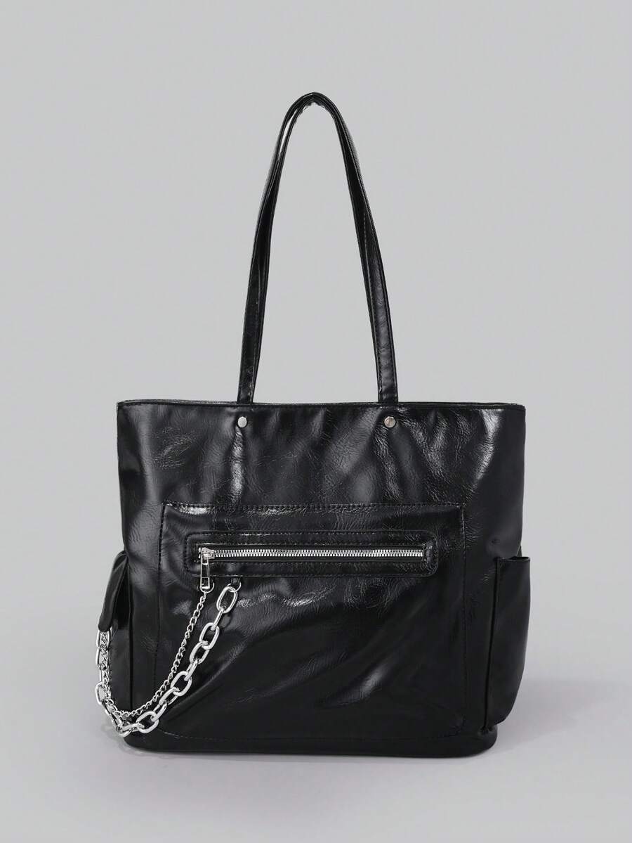 DareSee 1个大容量托特包，学院风亮面PU皮革单肩托特包，带拉链装饰，时尚女士手提包，适合上学、大学必备，街头风和日系风格，适合女性作为礼物或参加音乐节 - 黑色 - 查看 1