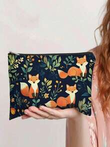 可爱狐狸拉链化妆包 - 橙色/蓝绿色花卉图案，便携式旅行化妆品收纳包，适合女性日常或特殊场合，是爱美人士的必备单品。其俏皮的设计使其成为生日、情人节、万圣节、圣诞节或周年纪念日的最佳礼物。也是送给朋友、同事甚至母亲的理想之选。（单面印花，图案位置随机） - 彩色 - 查看 3