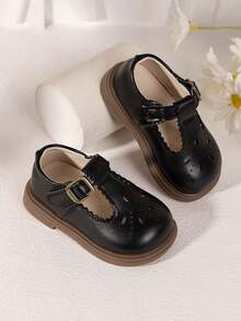 1pair Toddler Kids Korean Style Hook And Loop Non-Slip Soft Bottom Imitation Leather Shoes - Black - View 2