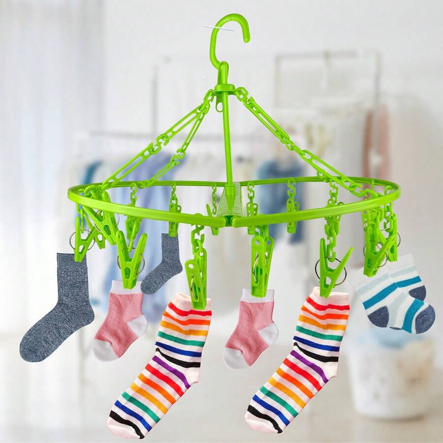 Gancho de ropa de secado de ropa con 16 clips, Gancho portátil para colgar, estante plegable para colgar, gancho giratorio de 360° para secar toallas, sujetadores - Verde - Ver 1