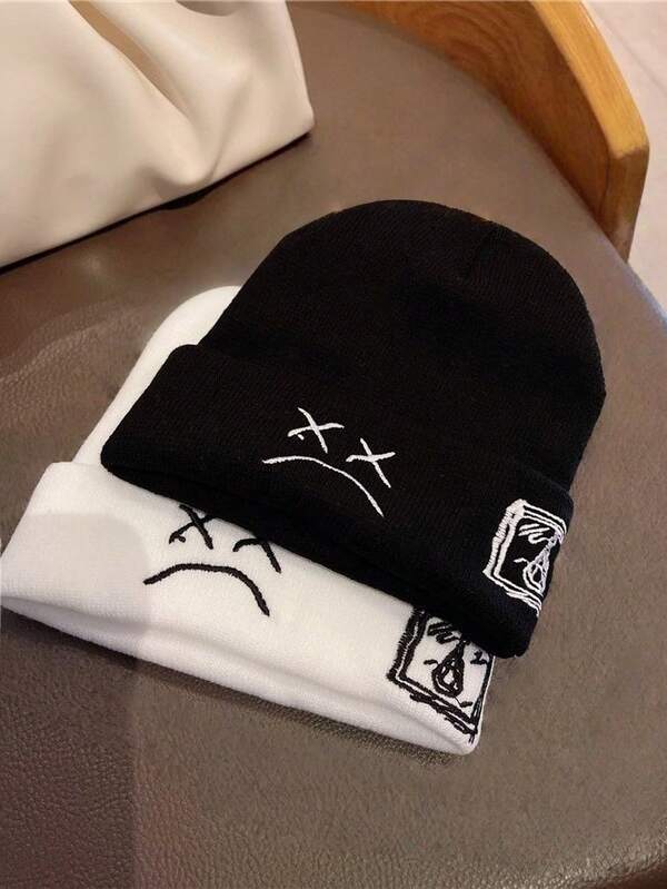 1pc Autumn/Winter Black & White Knitted Beanie Hat, Sad Face Embroidery, Unisex Streetwear Style Mens Winter Clothing