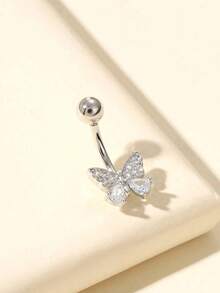 1pc Stainless Steel Natural Shell Teardrop Navel Piercing, Butterfly Belly Button Ring - Silver Butterfly 2 - View 1