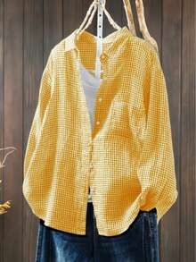大码格子纽扣前口袋衬衫，优雅日常穿着 - 黃色 - 查看 6