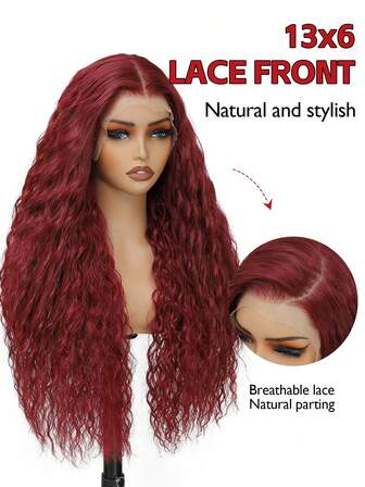 24 Inch 13X6 Front Lace Wig Water Wave Curly Wave Long Synthetic Transparent Lace Front Natural Hair Black Burgundy Rust Brown Color Hair Extension For Ladies And Women Wear Daily Cosplay Holiday Party And Music Festival