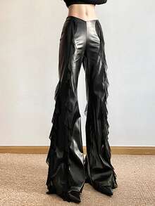 Top Dazzle Women's Mesh Patchwork PU Leather Flared Pants Vacation Travel Carnivals Ruffle