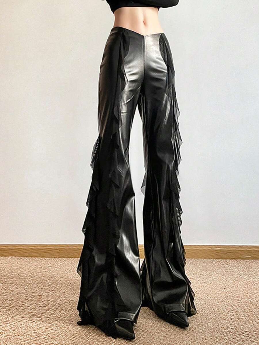 Top Dazzle Women's Mesh Patchwork PU Leather Flared Pants Vacation Travel Carnivals Ruffle