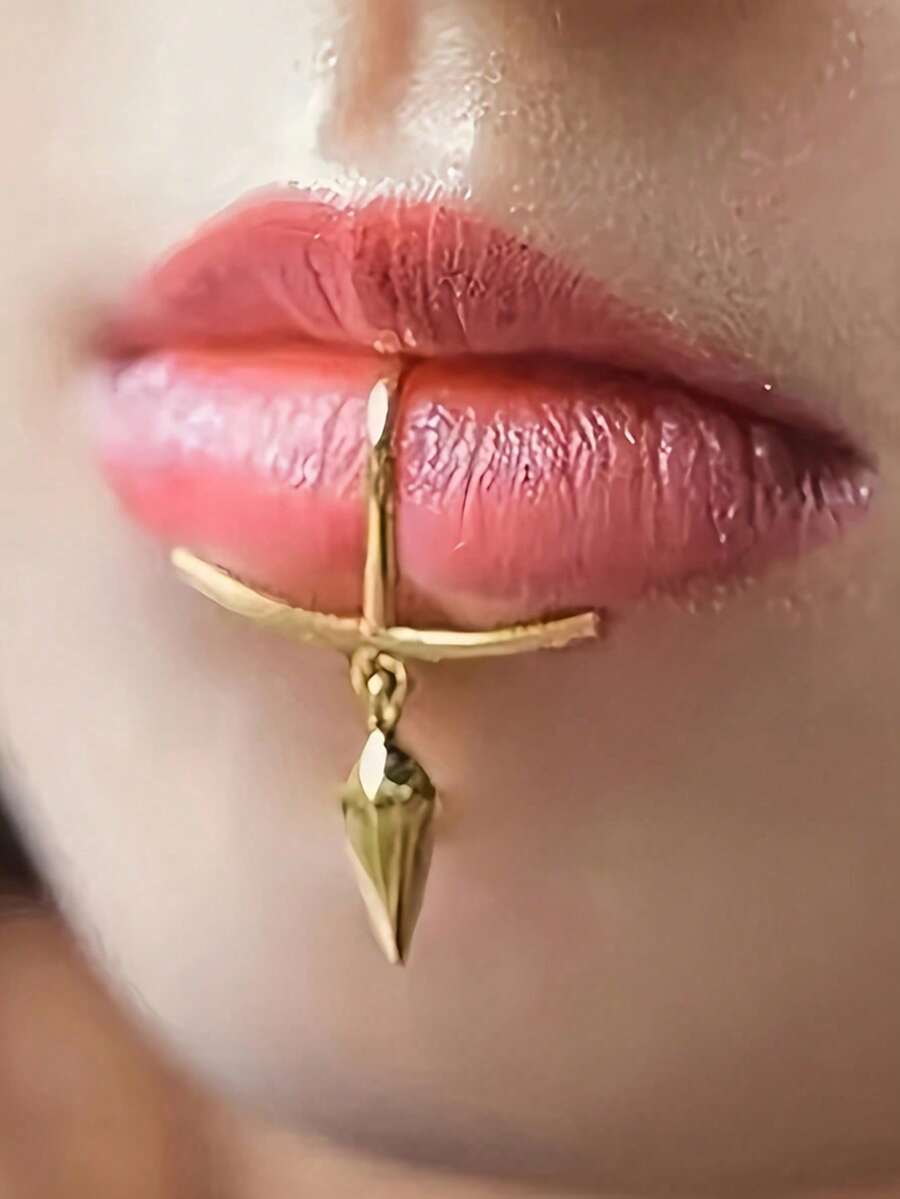 1pc Y2K Unique Handmade Lip Ring Lip Cuff, Faux Chin Jewel, No Piercing, Adjustable Fake Lip Ring Body Jewelry - Style 5 - View 1