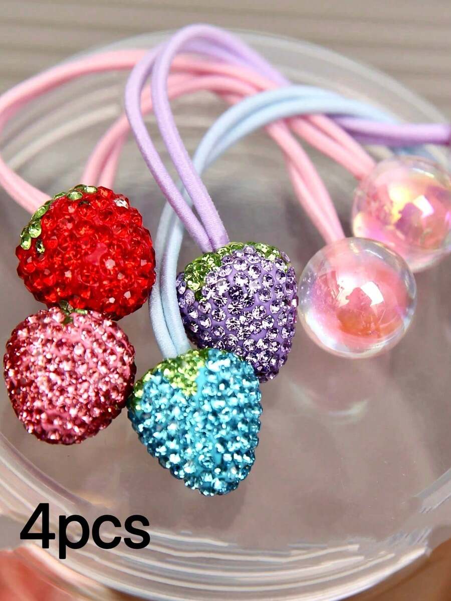 4pcs/2pcs Colorful Crystal Strawberry Hair Scrunchies, Fruit Elastic Hair Bands, Cute Candy Color Hair Ties, High Elasticity Ponytail Holders, Damage-Free Hair Accessories, For Daily Use, Hair Scrunchies, Hair Ties ,Hair Rope ,Hair Elastics ,Hair Rubber Bands