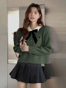 秋冬学院风撞色蝴蝶结翻领长袖刺绣女士毛衣上衣开衫羊毛衫，街头潮流 - 綠色 - 查看 4