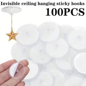 100pcs Mini Transparent Adhesive Hooks, Seamless Hanging Hooks For Flags, Suitable For Christmas Party, Balloons, Halloween Decorations, Wall Storage Hooks, Party Decorations, DIY Home Decor Hooks, Ceiling Hooks