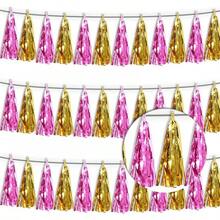 3P Metallic Fringe Tassel Banner Garland Foil Tinsel Streamer Wall Hanging Curtain Backdrop Banner For Parade Floats, Graduation Decorations, Father's Day Party Decoration(Silver)Halloween Christmas New Year - 金粉紅色 - 查看 1