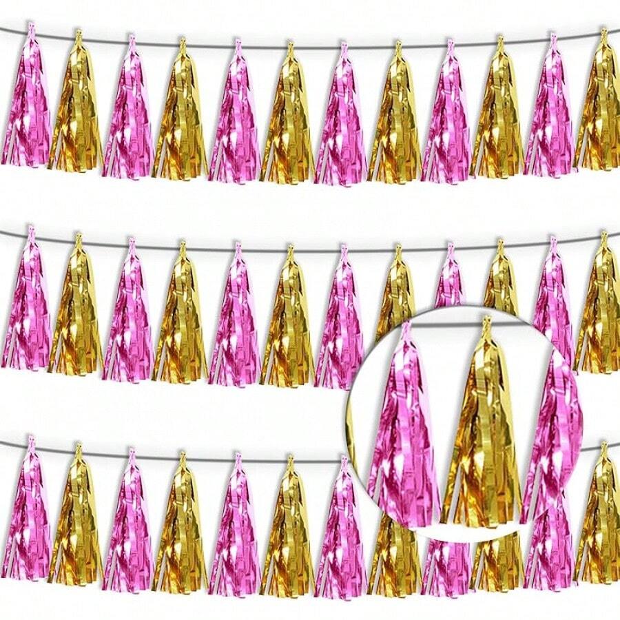 3P Metallic Fringe Tassel Banner Garland Foil Tinsel Streamer Wall Hanging Curtain Backdrop Banner For Parade Floats, Graduation Decorations, Father's Day Party Decoration(Silver)Halloween Christmas New Year - 金粉紅色 - 查看 1