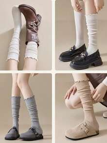 1/3/5 perechi de șosete pentru femei cu volane simple, culoare Merino, potrivite pentru purtare zilnică cu pantofi plați, pentru toate anotimpurile