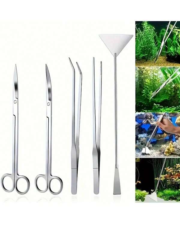 Juego de 6 piezas de herramientas para acuario - Tijeras de jardinería de precisión de acero inoxidable, pinzas, pala con diseño antideslizante, adecuado para el cuidado de plantas acuáticas y el mantenimiento del tanque de peces