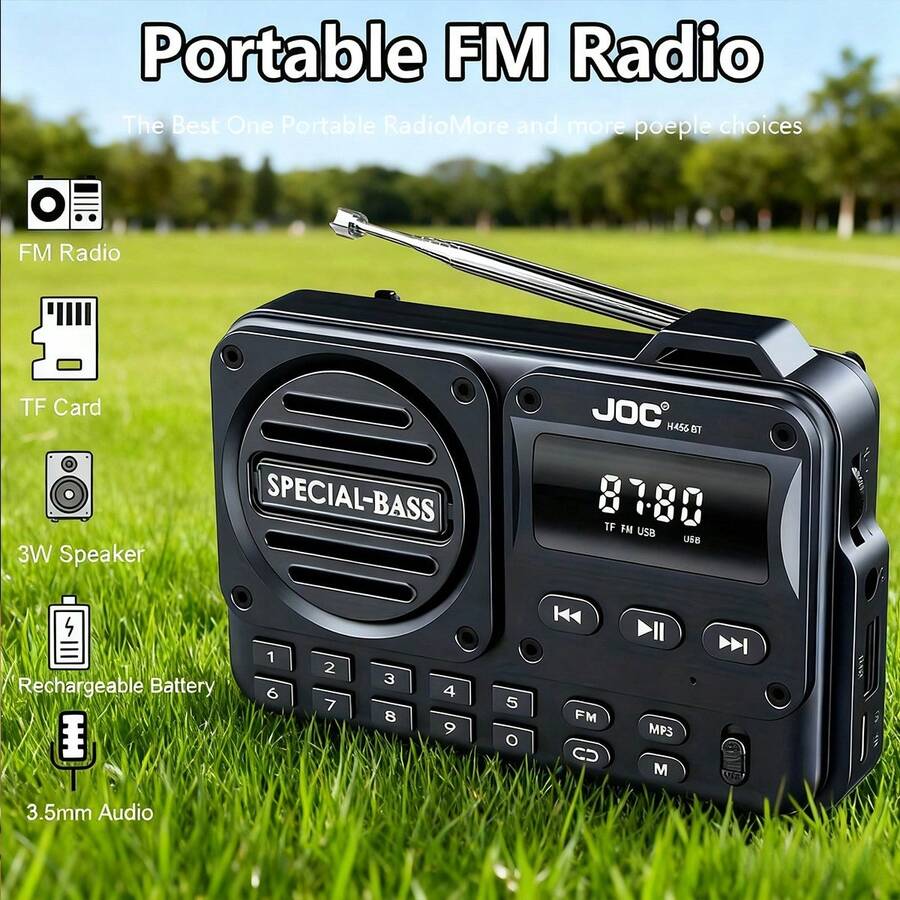 便携式FM收音机，带液晶显示屏和USB-C接口，口袋大小，内置3W清晰扬声器和3.5mm耳机插孔，内置可充电电池，支持TF卡，兼容智能手机/平板电脑/iPod，适合步行/健身/户外活动，实时FM调谐（无AM）