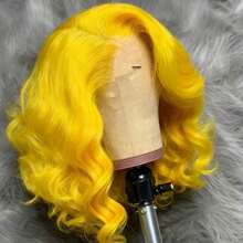 Lemon Yellow 200 Density 13x4 HD Transparent Body Wave Bob Wig Short Human Hair Wigs Glueless Swiss Lace Front Wig Remy Water Wave Lace Frontal Wig Pre Plucked With Baby Hair Yellow Colored Lace Frontal Wig For Women Girls - Màu vàng - Xem 1