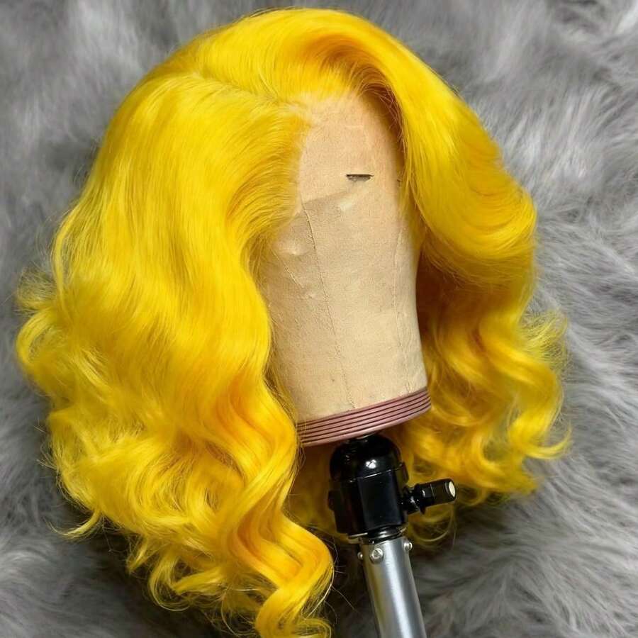 Lemon Yellow 200 Density 13x4 HD Transparent Body Wave Bob Wig Short Human Hair Wigs Glueless Swiss Lace Front Wig Remy Water Wave Lace Frontal Wig Pre Plucked With Baby Hair Yellow Colored Lace Frontal Wig For Women Girls - Màu vàng - Xem 1