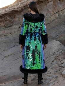 女士亮片仿毛皮连帽中长外套，长袖，常规版型，无弹力面料，带口袋，适合圣诞节和新年穿着 - 彩色 - 查看 5