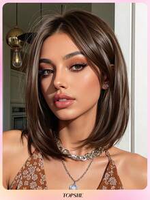 [Velvet Locks]New 13*4 Glueless Front Lace Wig 12 Inch Black Brown Short Straight Hair Wig Fashion Women No Bangs Pre-Trimmed Heat Resistant Synthetic Hair Soft And Smooth Suitable For Beginners Daily Wear, Y2K Style, Party, Cosplay, Dance, Travel, Festival - 咖啡棕 - 查看 13