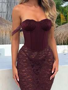 Apperloth A 优雅露脐抹胸上衣，撞色蕾丝抹胸，金属孔眼系带露背设计，钢骨收腰，适合女士情人节、夜店穿着 - 紅色 - 查看 2