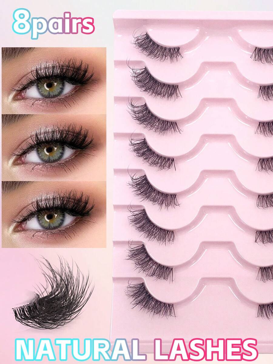 ENCHUW 8对半睫毛自然假睫毛猫眼纤细自然半睫毛透明带状睫毛 - 黑色 - 查看 1