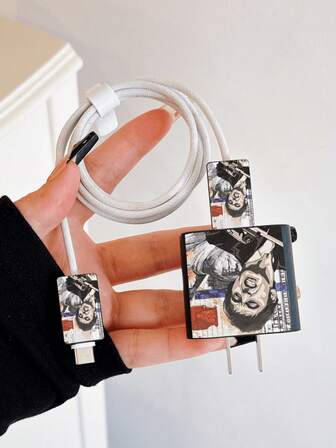 Gun Dollar Sign Collage Pattern Charger Data Cable Protector Case, Compatible With Apple 20W Charger, Minimalist Apple Charger Protective Cover, Fits 20W Phone 15/16 Pro Max Charging Cable Protector, Scratch-Resistant, Bite-Resistant, Suitable For 13/14 Plus, Halloween Gift