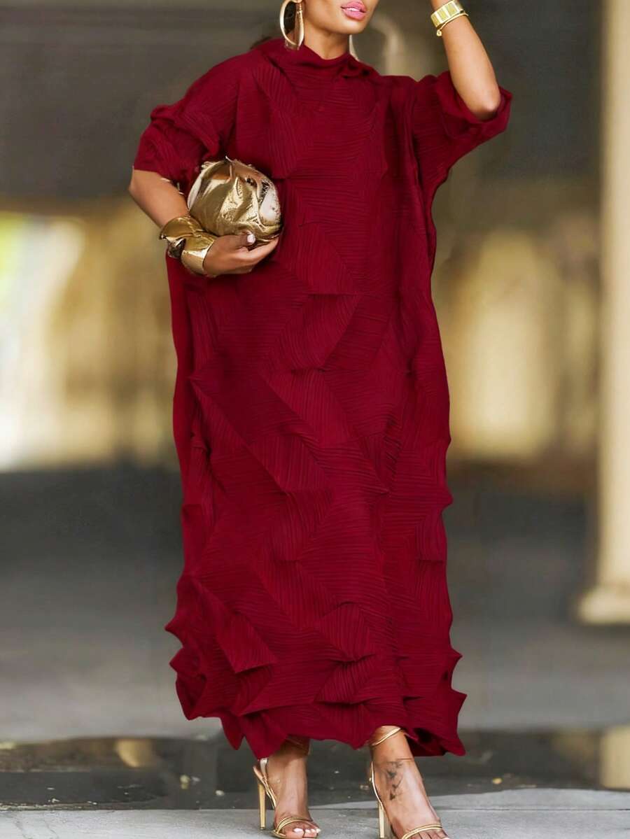 Vestido midi elegante de mujer con textura y diseño con volantes, plisado y tela elástica - cuello medio, manga media, ideal para looks elegantes y cómodos - Burdeos - Ver 1