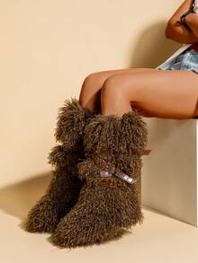 2025 Autumn/Winter New Fashion Y2K Punk Thick Sole Snow Boots, Faux Shearling Lined Studded Boots With Inner Height Increase