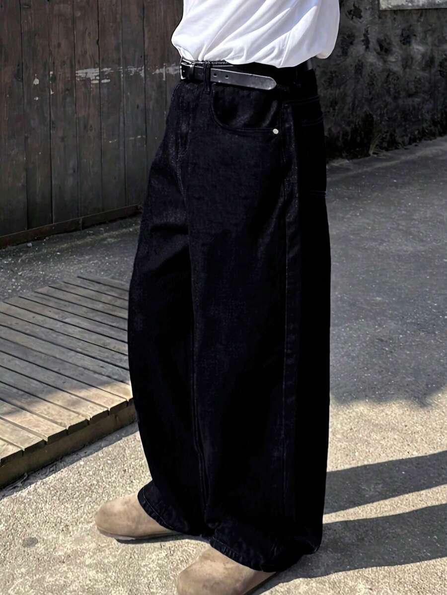 Y2K复古风男士黑色水洗宽松阔腿牛仔裤,直筒休闲版型牛仔裤,送给老公或男友的完美礼物 - 黑色 - 查看 1
